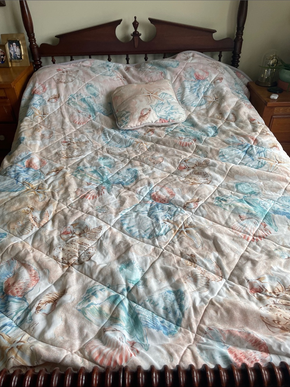 Vintage Pastel Seashell Comforter with pillow in Blue, Coral & Cream